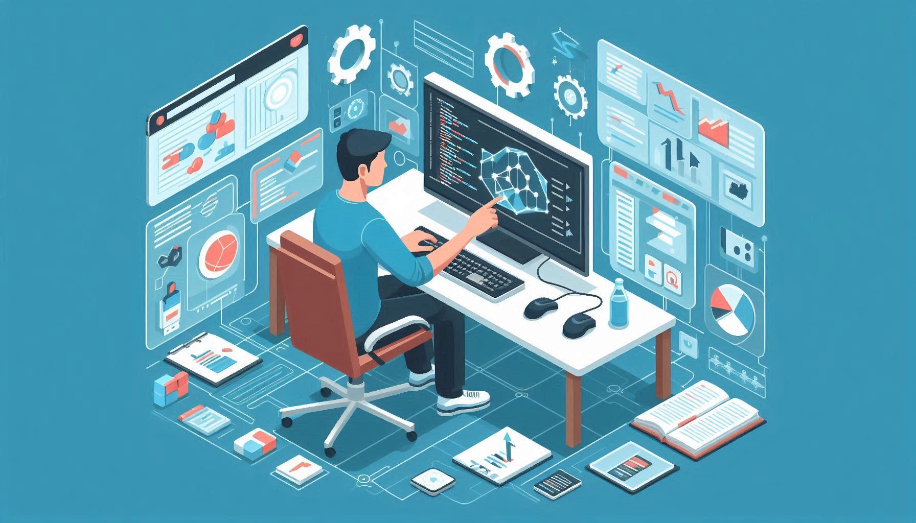 A person customising the strategy looking at multiple screens