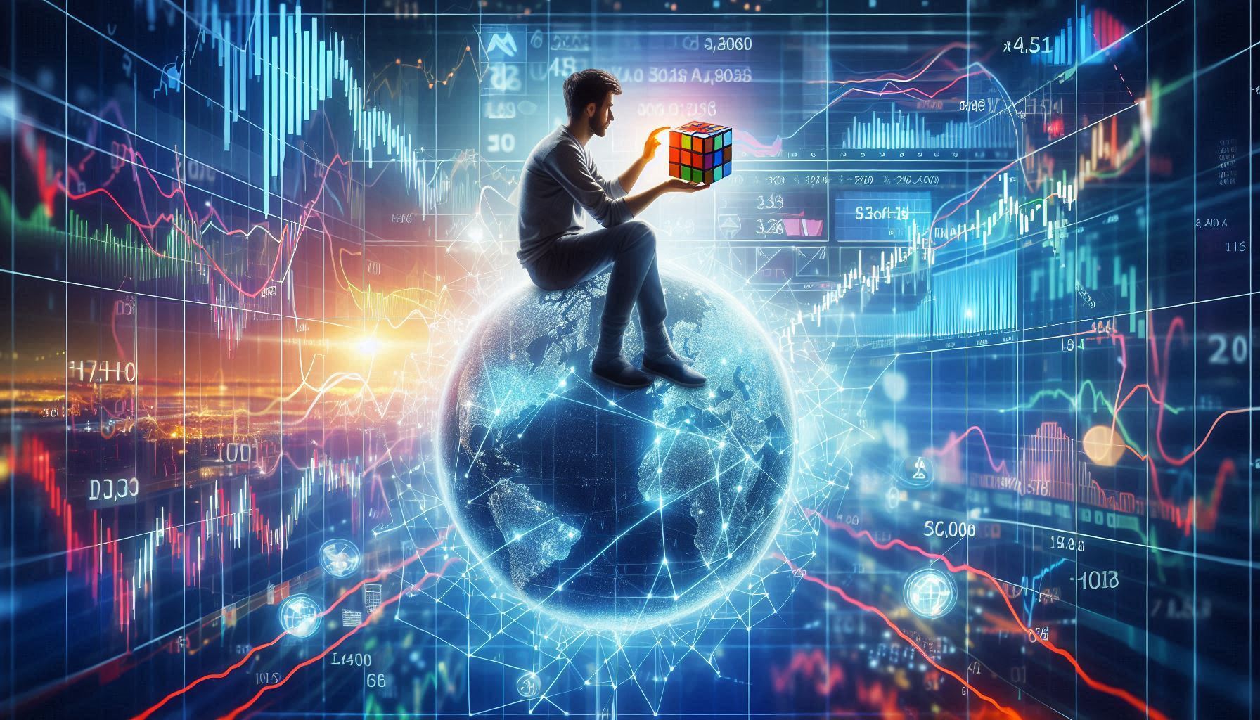 A person sitting on the globe of algo trading trying to solve a rubik's puzzle