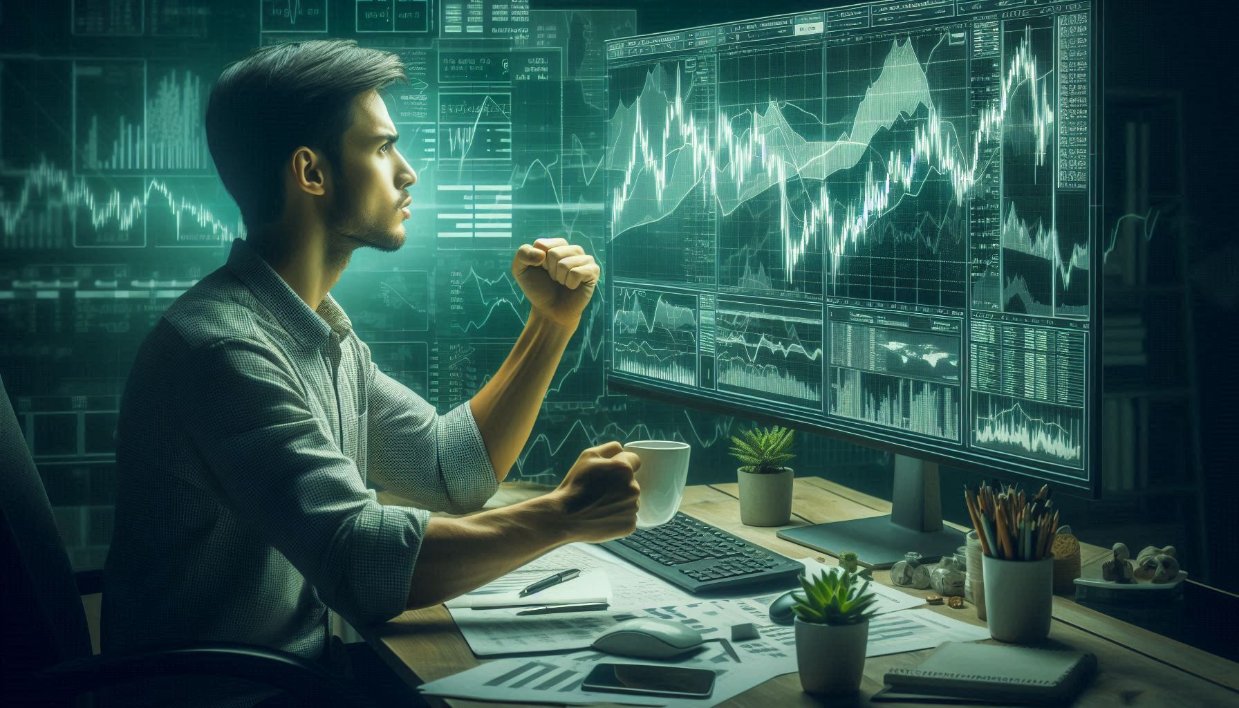 A person drinking coffee and working