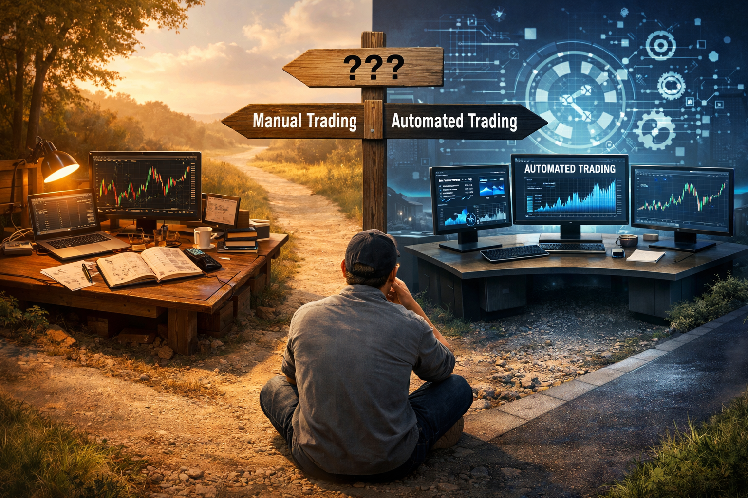 A person sitting and working on algo trading strategies