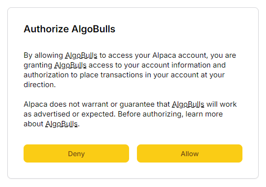 Click to enlarge or Ctrl+Click to open in a new tab Alpaca Authorization Page